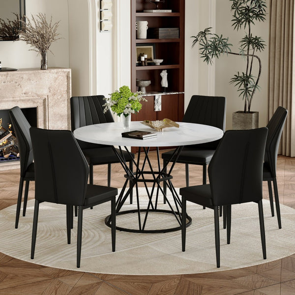 English Elm Table and Chair Set Round Marble Mdf Top with Six Pu Dining Chairs Modern Industrial White+Black W1151S04892