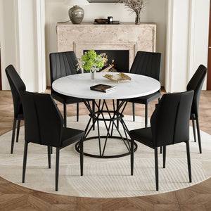 English Elm Table and Chair Set Round Marble Mdf Top with Six Pu Dining Chairs Modern Industrial White+Black W1151S04892