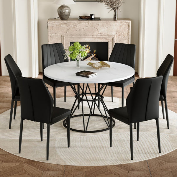 English Elm Table and Chair Set Round Marble Mdf Top with Six Pu Dining Chairs Modern Industrial White+Black W1151S04892