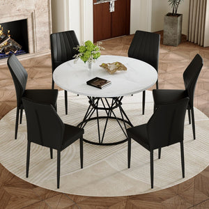 English Elm Table and Chair Set Round Marble Mdf Top with Six Pu Dining Chairs Modern Industrial White+Black W1151S04892