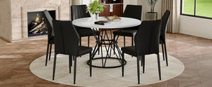 English Elm Table and Chair Set Round Marble Mdf Top with Six Pu Dining Chairs Modern Industrial White+Black W1151S04892