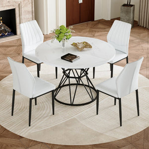 English Elm Table and Chair Set Round Marble Mdf Top with Shell Pu Seats for Modern Dining White+Black W1151S04893