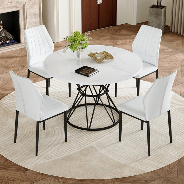 English Elm Table and Chair Set Round Marble Mdf Top with Shell Pu Seats for Modern Dining White+Black W1151S04893