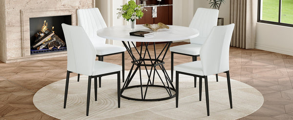 English Elm Table and Chair Set Round Marble Mdf Top with Shell Pu Seats for Modern Dining White+Black W1151S04893