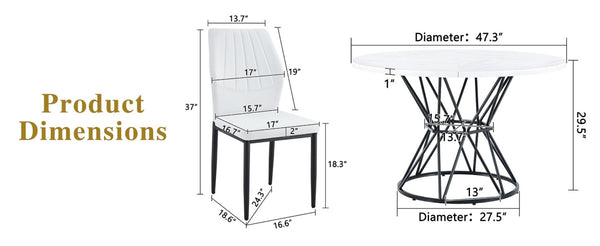 English Elm Table and Chair Set Round Marble Mdf Top with Shell Pu Seats for Modern Dining White+Black W1151S04893