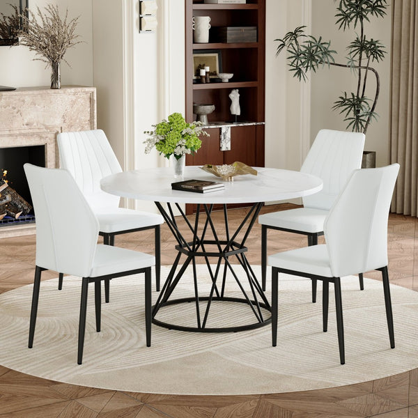 English Elm Table and Chair Set Round Marble Mdf Top with Shell Pu Seats for Modern Dining White+Black W1151S04893