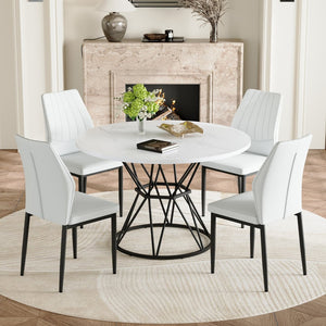 English Elm Table and Chair Set Round Marble Mdf Top with Shell Pu Seats for Modern Dining White+Black W1151S04893