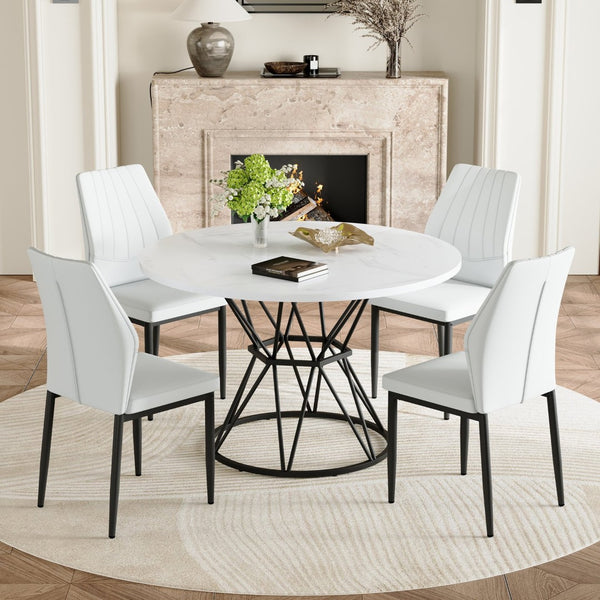 English Elm Table and Chair Set Round Marble Mdf Top with Shell Pu Seats for Modern Dining White+Black W1151S04893