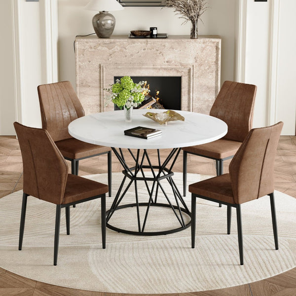 English Elm Table and Chair Set Round Marble Top Matte Metal Base Industrial Dining for Four Brown, White+Black W1151S04895