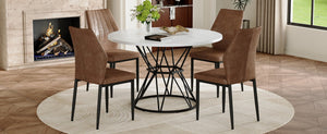 English Elm Table and Chair Set Round Marble Top Matte Metal Base Industrial Dining for Four Brown, White+Black W1151S04895