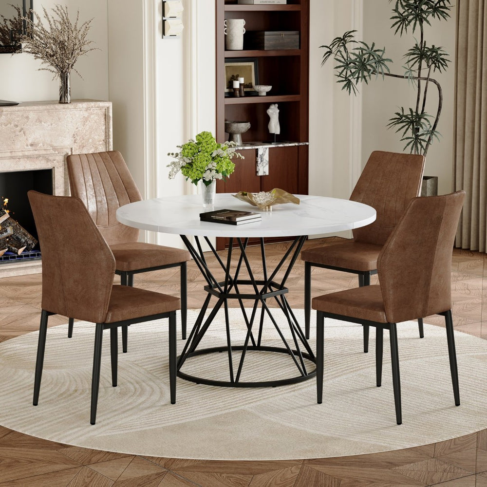 English Elm Table and Chair Set Round Marble Top Matte Metal Base Industrial Dining for Four Brown, White+Black W1151S04895