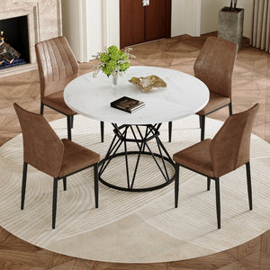 English Elm Table and Chair Set Round Marble Top Matte Metal Base Industrial Dining for Four Brown, White+Black W1151S04895