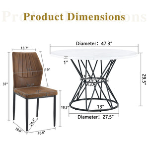 English Elm Table and Chair Set Round Marble Top Matte Metal Base Industrial Dining for Four Brown, White+Black W1151S04895
