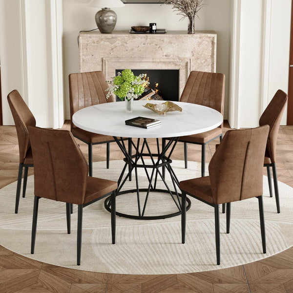 English Elm Table and Chair Set Walnut Grain Mdf Dining with Six Upholstered Fabric Seats Brown, White+Black W1151S04896