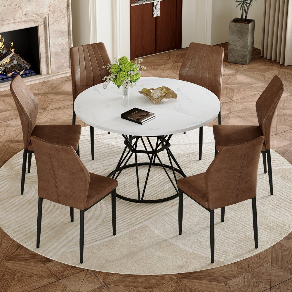 English Elm Table and Chair Set Walnut Grain Mdf Dining with Six Upholstered Fabric Seats Brown, White+Black W1151S04896
