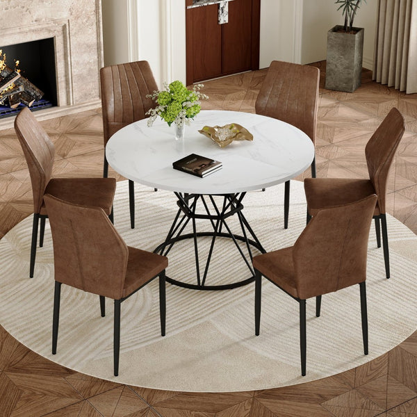 English Elm Table and Chair Set Walnut Grain Mdf Dining with Six Upholstered Fabric Seats Brown, White+Black W1151S04896