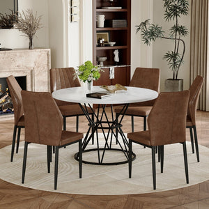 English Elm Table and Chair Set Walnut Grain Mdf Dining with Six Upholstered Fabric Seats Brown, White+Black W1151S04896