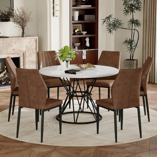 English Elm Table and Chair Set Walnut Grain Mdf Dining with Six Upholstered Fabric Seats Brown, White+Black W1151S04896