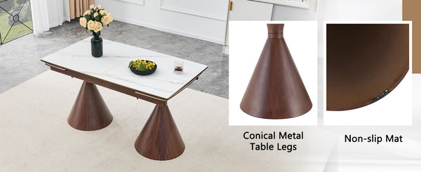 English Elm Extendable Marble Patterned Dining Table Seats Eight with Tapered Walnut Tone Metal Legs Walnut / White W1151S04898