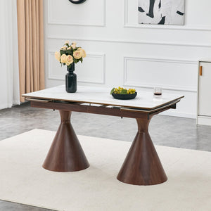 English Elm Extendable Marble Patterned Dining Table Seats Eight with Tapered Walnut Tone Metal Legs Walnut / White W1151S04898