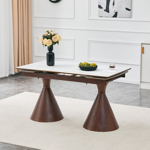 English Elm Extendable Marble Patterned Dining Table Seats Eight with Tapered Walnut Tone Metal Legs Walnut / White W1151S04898