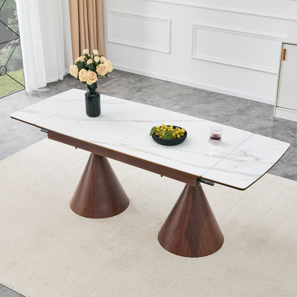 English Elm Extendable Marble Patterned Dining Table Seats Eight with Tapered Walnut Tone Metal Legs Walnut / White W1151S04898