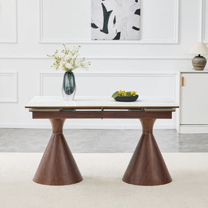 English Elm Extendable Marble Patterned Dining Table Seats Eight with Tapered Walnut Tone Metal Legs Walnut / White W1151S04898