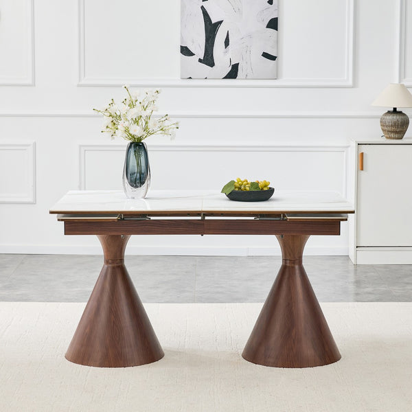 English Elm Extendable Marble Patterned Dining Table Seats Eight with Tapered Walnut Tone Metal Legs Walnut / White W1151S04898