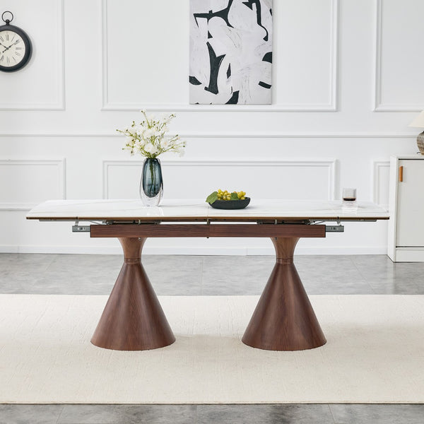English Elm Extendable Marble Patterned Dining Table Seats Eight with Tapered Walnut Tone Metal Legs Walnut / White W1151S04898