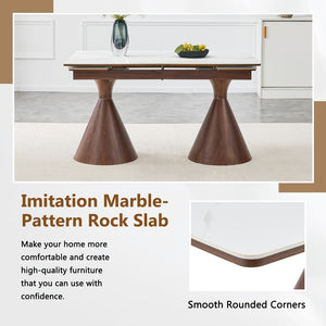 English Elm Extendable Marble Patterned Dining Table Seats Eight with Tapered Walnut Tone Metal Legs Walnut / White W1151S04898
