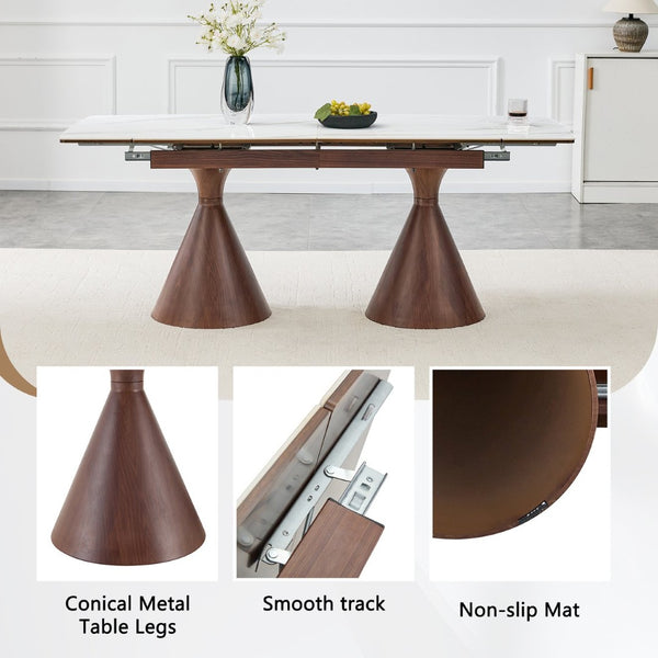 English Elm Extendable Marble Patterned Dining Table Seats Eight with Tapered Walnut Tone Metal Legs Walnut / White W1151S04898