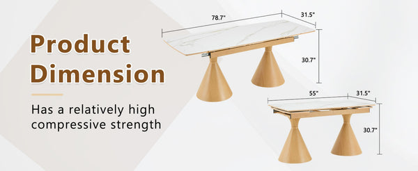 English Elm Extendable Marble Patterned Dining Table Seats Eight with Tapered Walnut Tone Metal Legs White / Wood W1151S04899