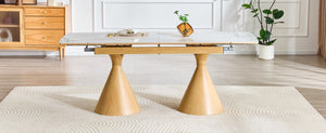 English Elm Extendable Marble Patterned Dining Table Seats Eight with Tapered Walnut Tone Metal Legs White / Wood W1151S04899