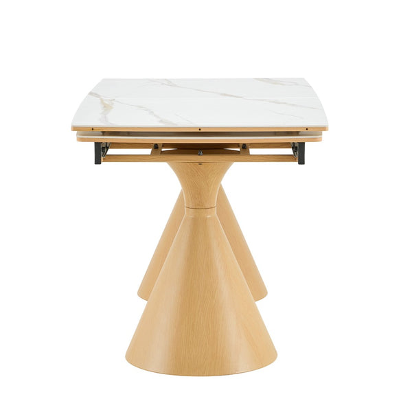 English Elm Extendable Marble Patterned Dining Table Seats Eight with Tapered Walnut Tone Metal Legs White / Wood W1151S04899