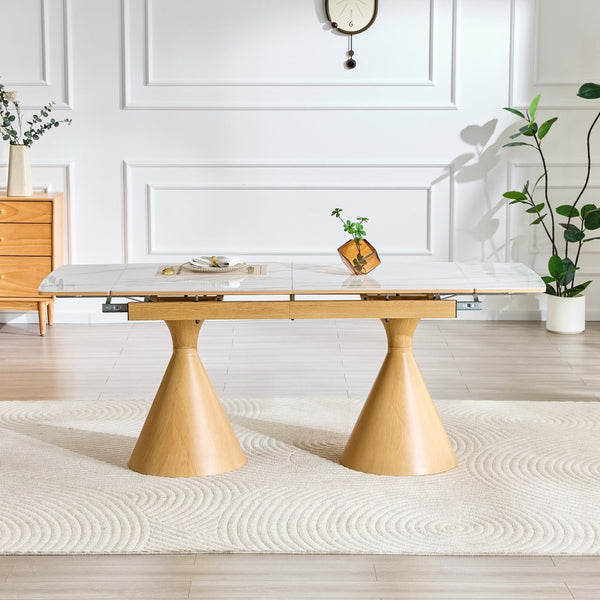 English Elm Extendable Marble Patterned Dining Table Seats Eight with Tapered Walnut Tone Metal Legs White / Wood W1151S04899