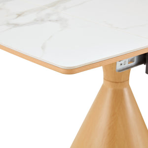 English Elm Extendable Marble Patterned Dining Table Seats Eight with Tapered Walnut Tone Metal Legs White / Wood W1151S04899