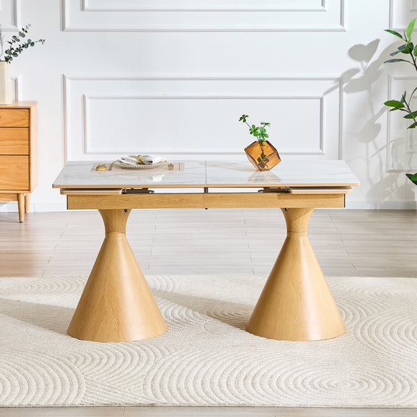 English Elm Extendable Marble Patterned Dining Table Seats Eight with Tapered Walnut Tone Metal Legs White / Wood W1151S04899