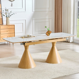 English Elm Extendable Marble Patterned Dining Table Seats Eight with Tapered Walnut Tone Metal Legs White / Wood W1151S04899