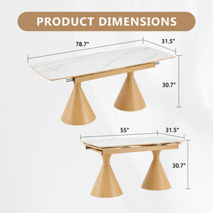 English Elm Extendable Marble Patterned Dining Table Seats Eight with Tapered Walnut Tone Metal Legs White / Wood W1151S04899