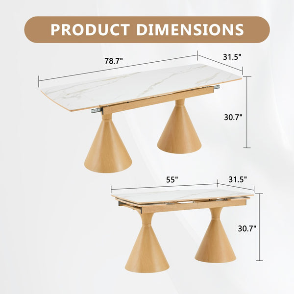 English Elm Extendable Marble Patterned Dining Table Seats Eight with Tapered Walnut Tone Metal Legs White / Wood W1151S04899