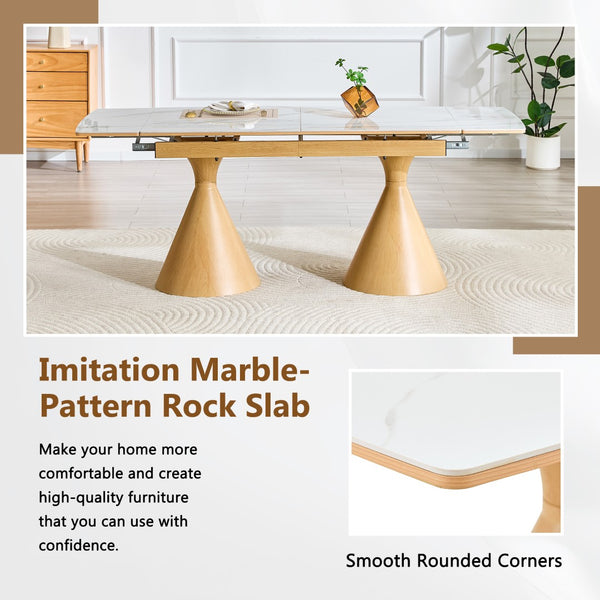 English Elm Extendable Marble Patterned Dining Table Seats Eight with Tapered Walnut Tone Metal Legs White / Wood W1151S04899