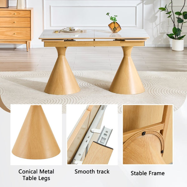 English Elm Extendable Marble Patterned Dining Table Seats Eight with Tapered Walnut Tone Metal Legs White / Wood W1151S04899
