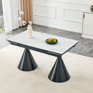 English Elm Extendable Marble Patterned Dining Table Seats Eight with Tapered Walnut Tone Metal Legs Black / White W1151S04900