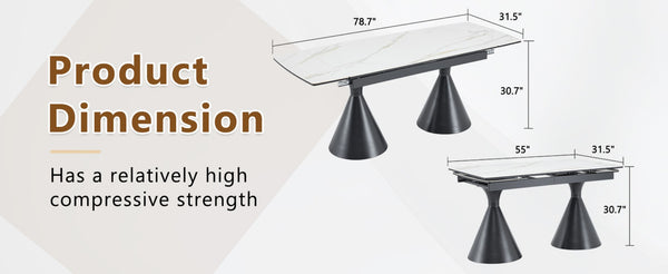 English Elm Extendable Marble Patterned Dining Table Seats Eight with Tapered Walnut Tone Metal Legs Black / White W1151S04900