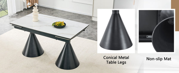English Elm Extendable Marble Patterned Dining Table Seats Eight with Tapered Walnut Tone Metal Legs Black / White W1151S04900