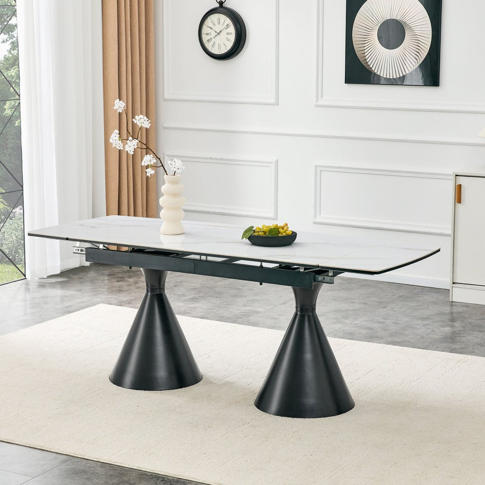 English Elm Extendable Marble Patterned Dining Table Seats Eight with Tapered Walnut Tone Metal Legs Black / White W1151S04900