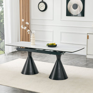 English Elm Extendable Marble Patterned Dining Table Seats Eight with Tapered Walnut Tone Metal Legs Black / White W1151S04900