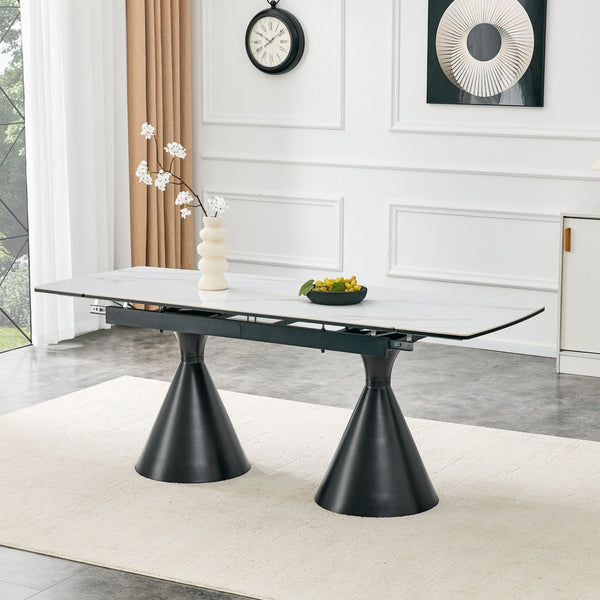 English Elm Extendable Marble Patterned Dining Table Seats Eight with Tapered Walnut Tone Metal Legs Black / White W1151S04900