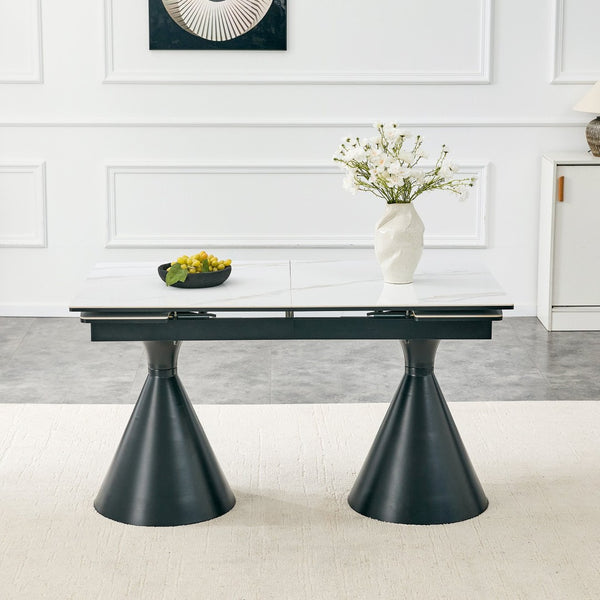 English Elm Extendable Marble Patterned Dining Table Seats Eight with Tapered Walnut Tone Metal Legs Black / White W1151S04900