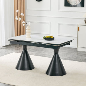 English Elm Extendable Marble Patterned Dining Table Seats Eight with Tapered Walnut Tone Metal Legs Black / White W1151S04900
